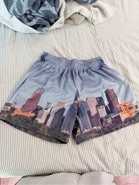 Inaka Houston skyline Mesh Athletic Shorts - Light Blue with Orange Accents